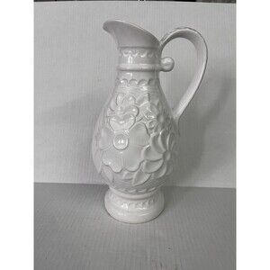 Bay W. Germany Vintage White Floral Ceramic Pitcher 12"